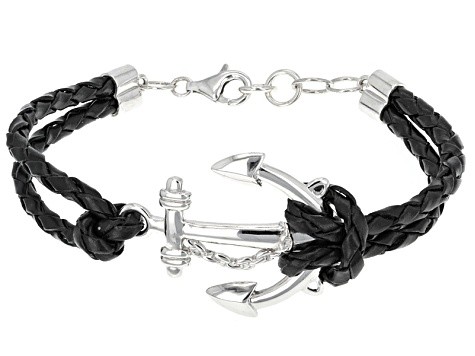 Black Sterling Silver Anchor Mens Bracelet. 